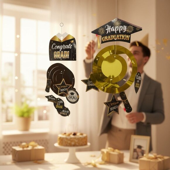 Graduation Swirl Decorations Set Black & Gold 2022 Congrats Grad Party Supplies - Picture 2 of 7